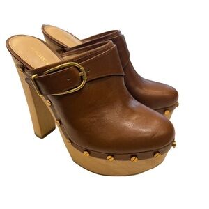 Veronica Beard Brown Leather Mules with Gold Accents